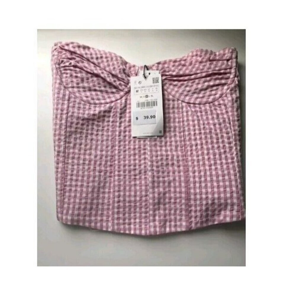 Zara Cotton Stretchy GINGHAM CORSET Pink Plaid Sweetheart Neck TOP M 2180 103